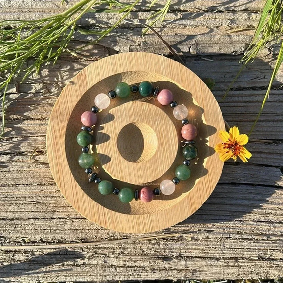 Handmade Moss Agate + Rose Quartz + Rhodonite + Hematite Bracelet - Picture 4 of 4
